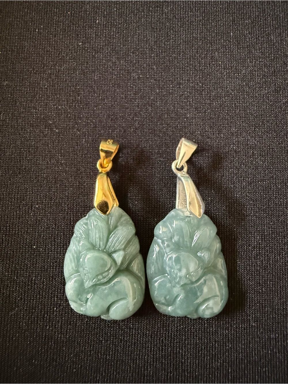 Blue water Jade Carved Fox Pendant Necklace - Gold & Silver Bails